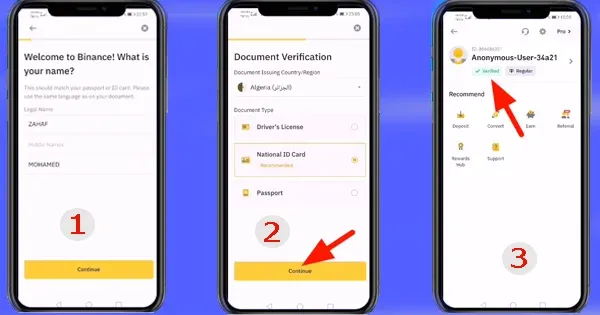 شرح كيفية تداول العملات الرقمية Binance بالعربي للمبتدئين 3 3 لقطات شاشة لمراحل توثيق الحساب على تطبيق Binance