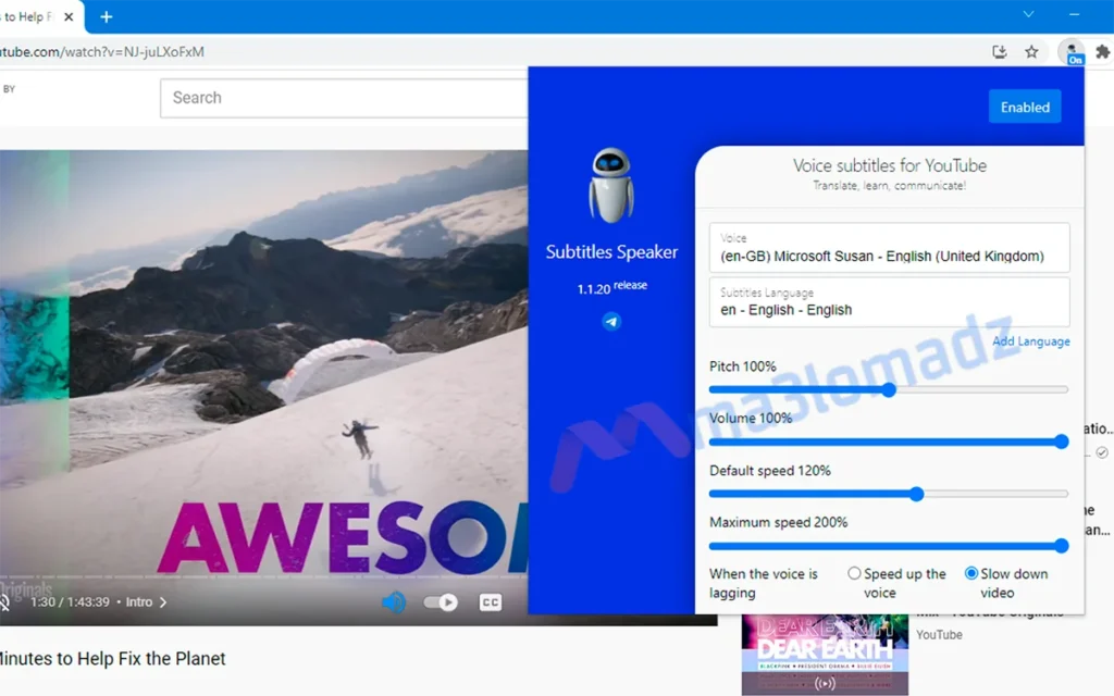 دبلجة وترجمة فيديوهات اليوتيوب Speak Subtitles for YouTube 2 تفعيل إضافة Speak Subtitles for YouTube